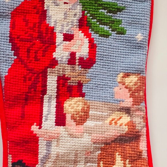 Vintage Handmade Needlepoint Christmas Stocking Santa Tree Children FINISHED - Picture 3 of 7